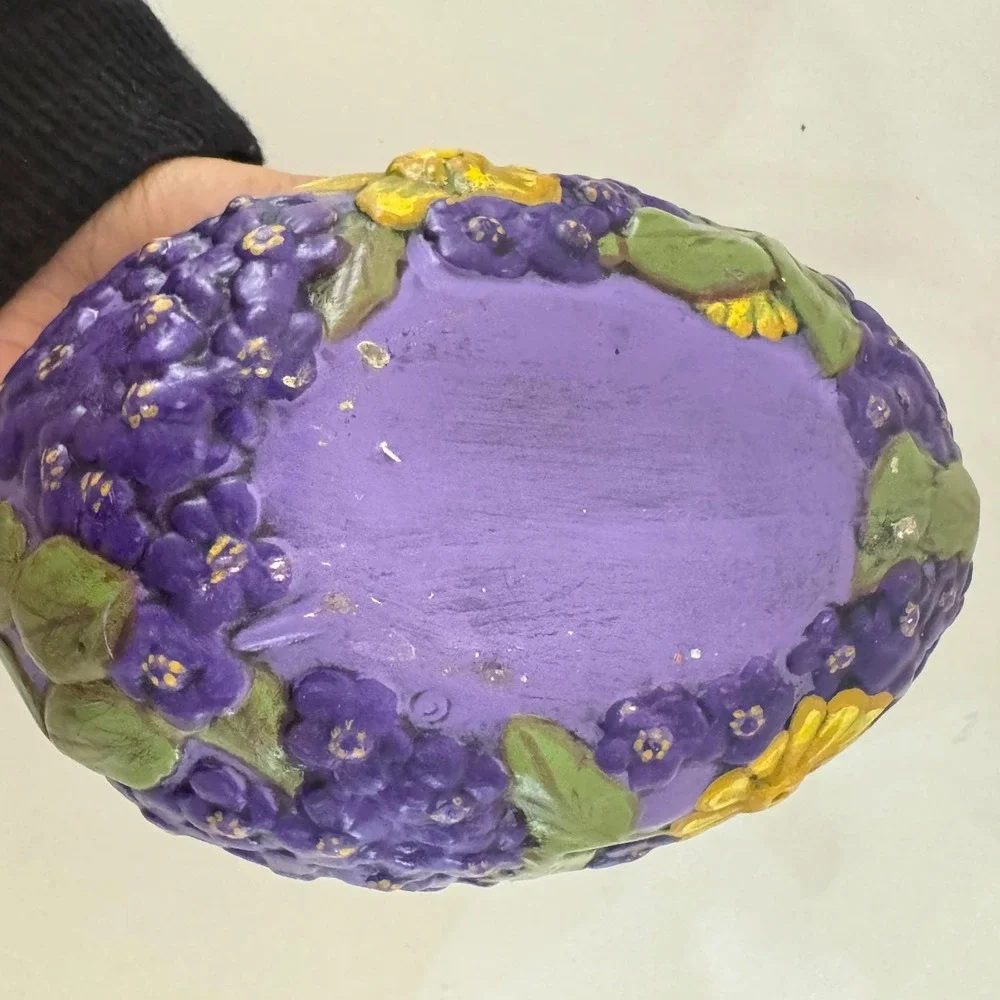 VTG 70s Ceramic Egg Trinket Box Floral Roses Hydrangea Purple‎ Easter Egg Decor